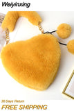 Weiyinxing Fur Winter Women Handbags Cute Plush Ladies Heart Shaped Shoulder Bag Cute Female Clutch Purse Love Handbags Messenger Bag