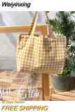 Weiyinxing Cotton Women Lunch Bento Bag Vintage Plaid Canvas Ladies Small Handbags Simple Female Cloth Mini Tote Bag Clutch Purse