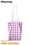 Weiyinxing Women Canvas Shoulder Bag Red Plaid Books Daily Shopping Bags Students Bookbags Cotton Cloth Handbags Large Tote For Girls