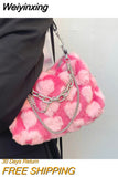 Weiyinxing Hot Girls Pink Love Underarm Bags Soft Plush Heart Pattern Ladies Shoulder Bag Female Chain Furry Crossbody Bag Handbags