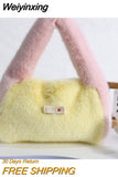 Weiyinxing Women's Soft Plush Shoulder Bag Contrast Color Ladies Faux Fur Clutch Purse Tote Handbags Winter Female Dinner Party Bag