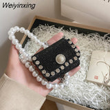 Weiyinxing Diamond Fanny Waist Bag Mini Crossbody Bag 2023 Shiny Women Designer Handbag Pearl Strap Party Shoulder Bag Lipstick Bag