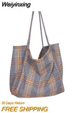 Weiyinxing Korean Fashion Handbag Simple Large Capacity Handbags Wool Totes Plaid Shoulder Bag Female Vintage Wild Bags