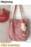 Weiyinxing Cute Bear One Shoulder Canvas Bag Korean Female Student Versatile Corduroy Handbag