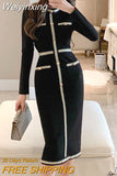 Weiyinxing Winter New High-end Luxury Women Casual Long Sleeve Corset Wrap Elegant Long Dress Ladies Pocket Design Vintage Black Dress