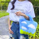 Weiyinxing Winter Original Design Cute White Cloud Blue Sky Plush Handbag Tote Women Bag Purses Handbags Tote Bags Crosbody Bag