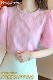 Weiyinxing Sleeve Blouse Women Blusas Mujer De Moda 2023 Verano Beading O-Neck Pink Chiffon Blouse Shirt Women Tops Blouses C449