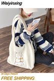 Weiyinxing Women Soft Plush Tote Simple Warm Cloth Shopper Bags Embroidery Bear Handbag Eco Shoulder Bag Purses For Girls