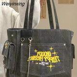 Weiyinxing Canvas Embroidered Letters Portable Retro Vintage Tote High Capacity Shoulder Underarm Bag Shopping Bag Woman Bag