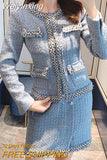 Weiyinxing Quality Small Fragrance Tweed Two Piece Sets Women Outfits Luxury Beading Jacket Coat + Mini Skirt Sets Vintage 2 Piece Set