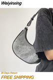 Weiyinxing Women Half Moon Underarm Bags Gray PU Leather Hobos Shoulder Bag for Female All Match Ladies Crossbody Bag Purse Handbags