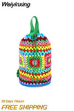 Weiyinxing Crochet Barrel Shaped Women Shoulder Bags Knitted Granny Square Backpacks Handmade Woven Handbag Casual Travel Bag 2023