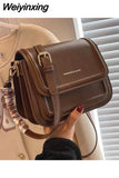 Weiyinxing Vintage Simple Shoulder Bag Pu Leather Solid Color College Style High Quality Casual New Fashion Square Flap Messenger Bag