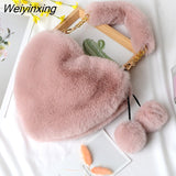 Weiyinxing Faux Fur Heart-shaped Women Small Handbags Fluffy Plush Ladies Chain Shoulder Bag Fashion Female Furry Daily Clutch Purse