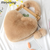 Weiyinxing Faux Fur Heart-shaped Women Small Handbags Fluffy Plush Ladies Chain Shoulder Bag Fashion Female Furry Daily Clutch Purse