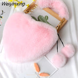Weiyinxing Faux Fur Heart-shaped Women Small Handbags Fluffy Plush Ladies Chain Shoulder Bag Fashion Female Furry Daily Clutch Purse
