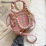 Weiyinxing Purse Messenger Bag Simple Women Totes Ribbon Handbag Pearl Ladies Shoulder Bag Vintage Crossbody Bag for Women 2023