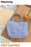 Weiyinxing Cotton Women Lunch Bento Bag Vintage Plaid Canvas Ladies Small Handbags Simple Female Cloth Mini Tote Bag Clutch Purse