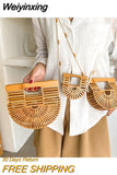 Weiyinxing New Half Moon Wooden Shoulder Crossbody Bags for Women Bamboo Woven Summer Beach Straw Bag Rattan Small Phone Purse