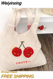 Weiyinxing Tote Bag Shopper Handbag for Women 2023 Autumn Winter Girls Casual Cute Cherry Embroidery Lmitation Wool Eco Shoulder Bags