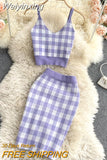 Weiyinxing Plaid Knitted Two Piece Set 2023 Women Sexy Short Vest & Bodycon Mini Skirt Set Women Outfits