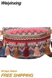 Weiyinxing Women Folk Style Waist Bags with Adjustable Strap Variegated Color Fanny Pack with Fringe Decor Pochete Feminina Riñonera Belt