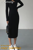 Weiyinxing Turtleneck Knitted Dress Black Slim Women Minimalist Elegant Long Sleeve Midi Dress Party Office Bodycon Vestidos O146