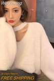 Weiyinxing V-Neck Loose Knitted Sweater Women Mink Cashmere Jumpers Oversized Elastic Casual Pullovers Lantern Sleeve Vintage X470