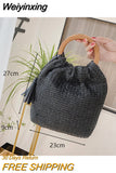 Weiyinxing Straw Bag Rattan Woven Round Tassel Handbag For Women Large Capacity Shoulder Tote Purse Ladies Holiday Wood Handle Bag