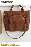 Weiyinxing Corduroy Shoulder Bag Women Vintage Shopping Bags Zipper Girls Student Bookbag Handbags Casual Tote With Outside Pocket