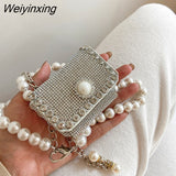 Weiyinxing Diamond Fanny Waist Bag Mini Crossbody Bag 2023 Shiny Women Designer Handbag Pearl Strap Party Shoulder Bag Lipstick Bag