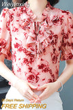 Weiyinxing Summer Women Tops Short Sleeve Print Chiffon Blouse Shirt Blusas Mujer De Moda 2023 Verano Ruffles V-Neck Blouse Women G580