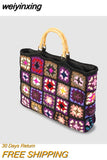 weiyinxing Crochet Granny Square Tote Bag Designer Bamboon Handle Women Handbags Knitted Handmade Woven Big Shopper Purses 2023 Bag