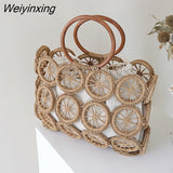 Weiyinxing Hollow Straw Bags For Women Designer Wooden Handle Rope Woven Handbags Rattan Summer Beach Large Tote Lady Bali Purses