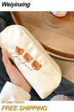 Weiyinxing Color Women Canvas Cosmetic Bags Lovely Brown Bear Embroidered Students Pen Case Handbags Female Portable Clutch Purse Bag