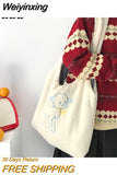 Weiyinxing Women Lamb Like Fabric Shoulder Bag Simple Canvas Handbag Tote Large Capacity Embroidery Shopping Bag Cute Book Bags For Girls