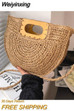 Weiyinxing Straw Bag Rattan Woven Round Tassel Handbag For Women Large Capacity Shoulder Tote Purse Ladies Holiday Wood Handle Bag