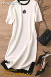 Weiyinxing Flower Knitted Dress Summer Women Loose Round Collar Split T-shirt Dresses Casual Short Sleeve Mini Dress Elegant N709