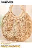 Weiyinxing Straw Bag Rattan Woven Round Tassel Handbag For Women Large Capacity Shoulder Tote Purse Ladies Holiday Wood Handle Bag
