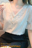 Weiyinxing Shipping Blouses Women Short Sleeve White Lace V-Neck Chiffon Blouse Shirt Tops Women Blusas Mujer De Moda 2023 Verano F482
