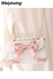 Weiyinxing Lolita Bow Lace Shoulder Bag for Girl Pearl Jk Kawaii 2023 New Trend Purse Japan Style Gentle Female Designer Crossbody Bag