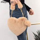 Weiyinxing Faux Fur Heart-shaped Women Small Handbags Fluffy Plush Ladies Chain Shoulder Bag Fashion Female Furry Daily Clutch Purse