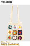 Weiyinxing Crochet Women Shoulder Bags Granny Square Tote Bag Casual Knitted Handbags Handmade Woven Summer Beach Bag Small Purse