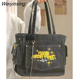 Weiyinxing Canvas Embroidered Letters Portable Retro Vintage Tote High Capacity Shoulder Underarm Bag Shopping Bag Woman Bag
