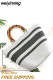 weiyinxing bamboo handle women handbags casual striped bucket bag large capacity rattan straw bags wicker summer beach travel purse