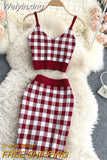 Weiyinxing Plaid Knitted Two Piece Set 2023 Women Sexy Short Vest & Bodycon Mini Skirt Set Women Outfits