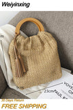Weiyinxing Straw Bag Rattan Woven Round Tassel Handbag For Women Large Capacity Shoulder Tote Purse Ladies Holiday Wood Handle Bag