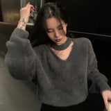 Weiyinxing V-Neck Loose Knitted Sweater Women Mink Cashmere Jumpers Oversized Elastic Casual Pullovers Lantern Sleeve Vintage X470