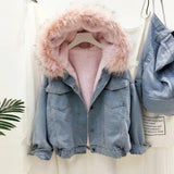 Weiyinxing Fur Collar Denim Jacket Women Winter Hooded Warm Jean Coat Student Basic Parkas Female Bomber Jacket