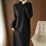 Weiyinxing Navy Blue Long Midi Dress Women Cashmere Autumn Winter Knitted Sweater Dress Loose Casual Vintage Pullovers Party X890